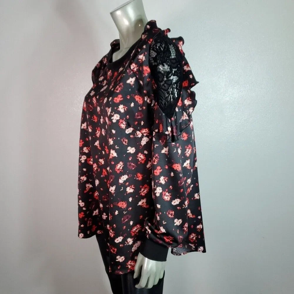 Lane Bryant Top Plus Size 18/20 Ruffle & Lace Shoulder Long Sleeve Casual‎ Black